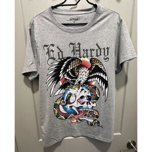 Ed Hardy Battle Skull Rhinestone Graphic Tee Men’s Size Medium Gray T Shirt